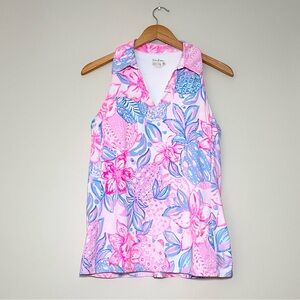 Lilly Pulitzer Upf 50+ Luxletic Lakelyn Bra Polo Top In Pink Isle Snappy Turtle
